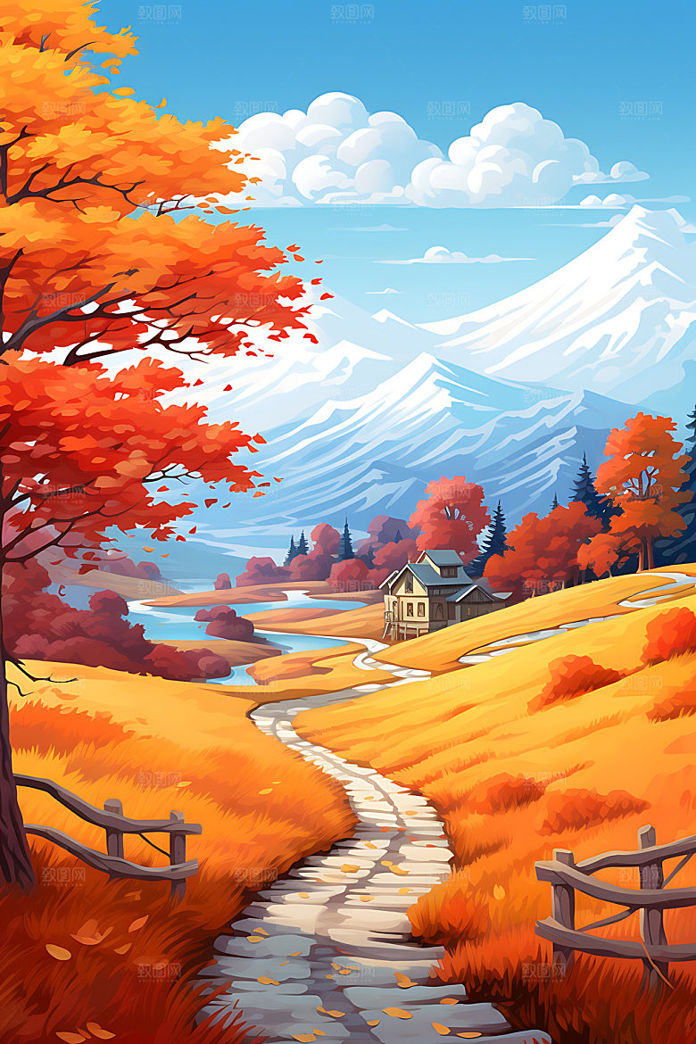 秋季风景山野秋日插画