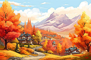 秋季风景唯美森林插画