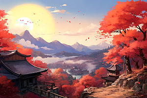 秋季风景山野红叶插画