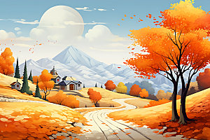 秋季风景秋天暖色调插画