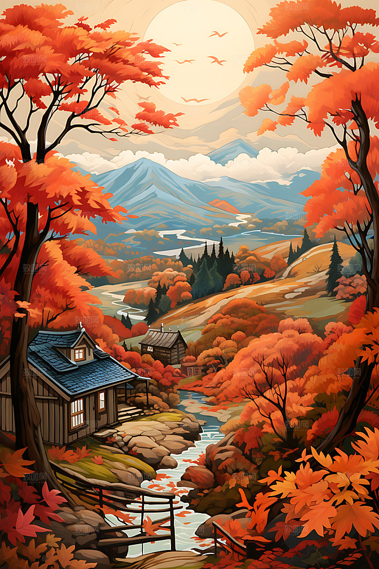 秋季风景红叶秋天插画