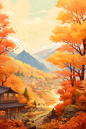 秋季风景秋叶暖色调插画
