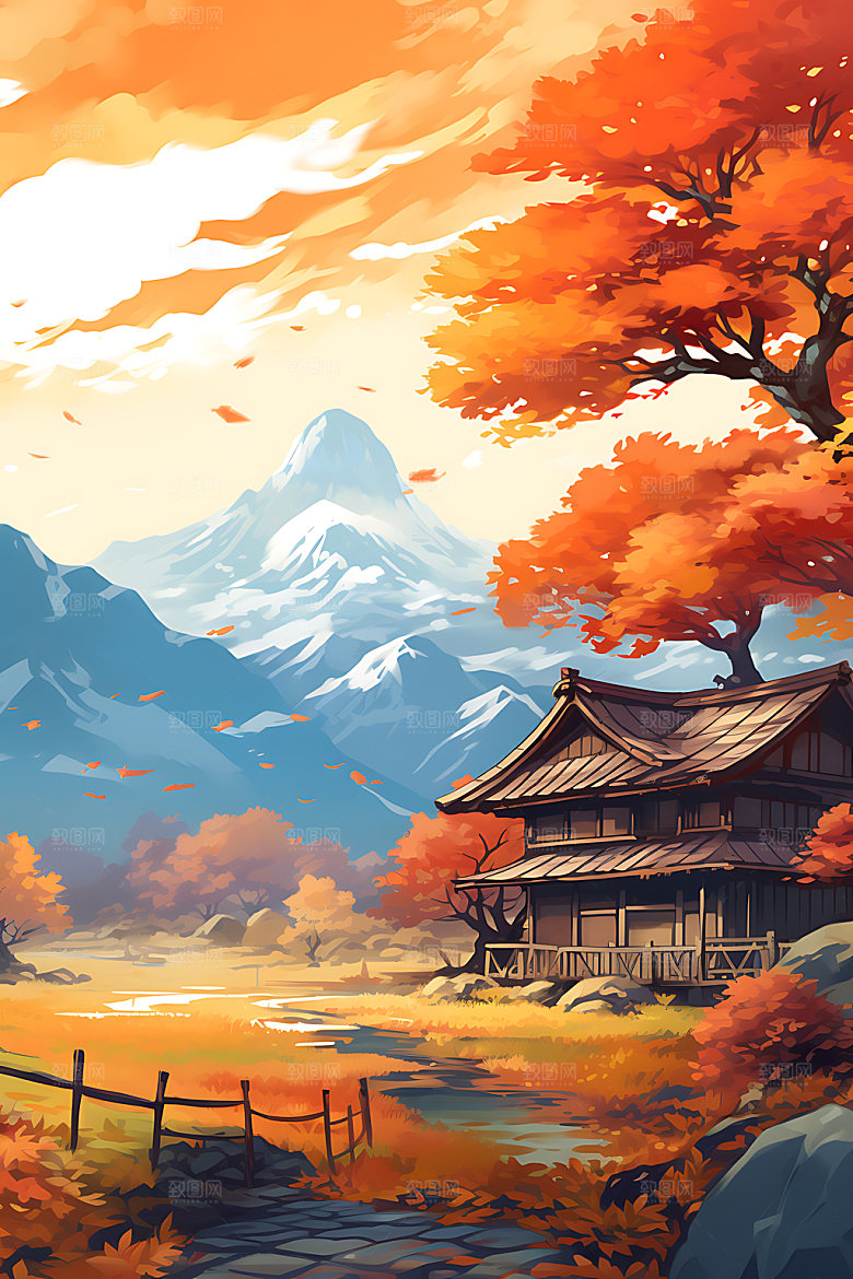 秋季风景暖色调森林插画