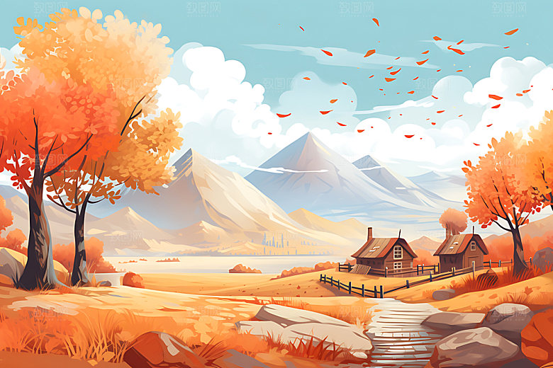 秋季风景暖色调唯美插画