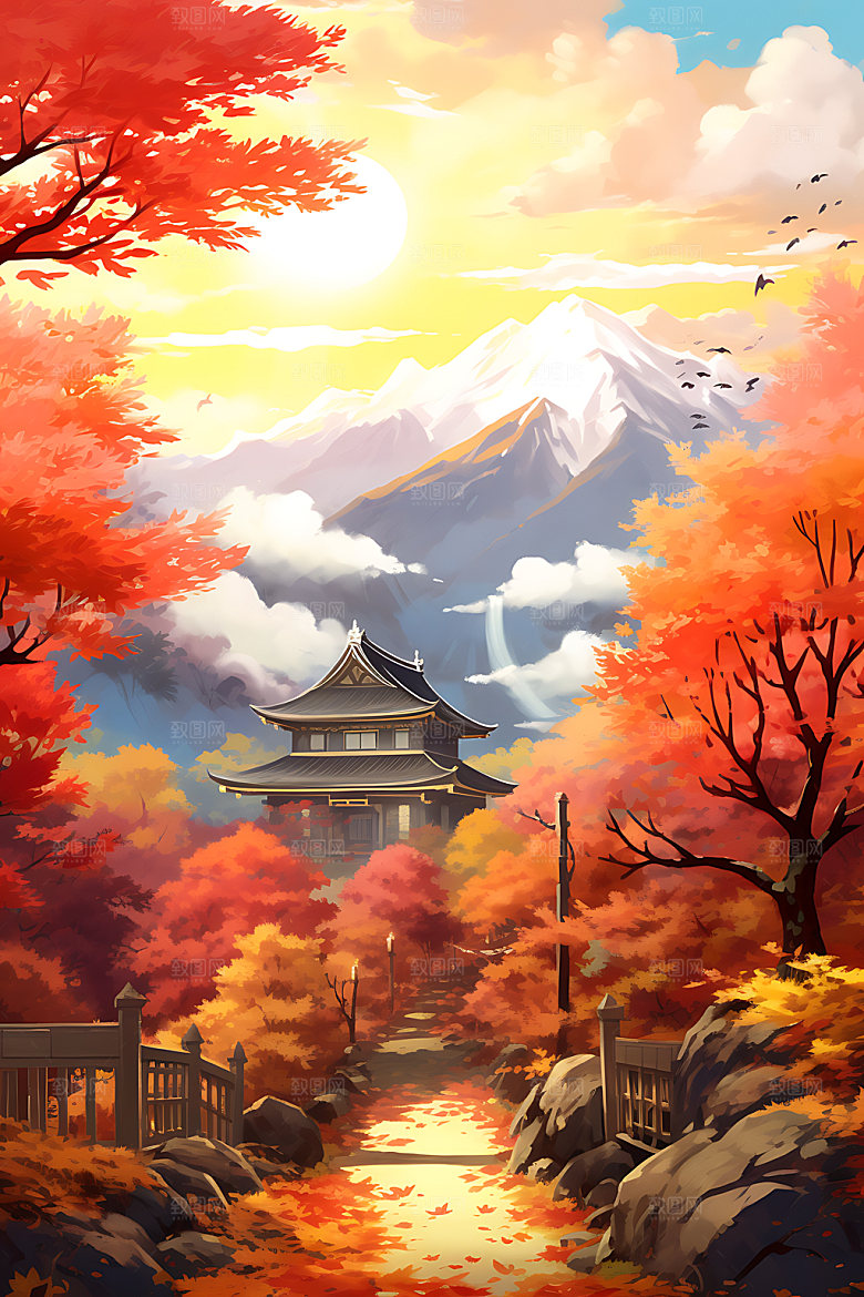 秋季风景秋色秋天插画