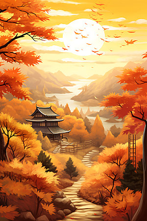 秋季风景秋色秋叶插画