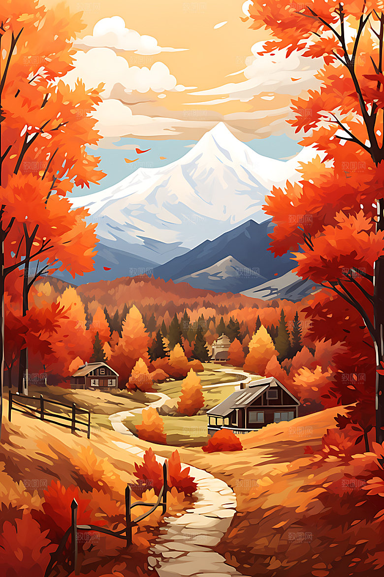 秋季风景暖色调森林插画