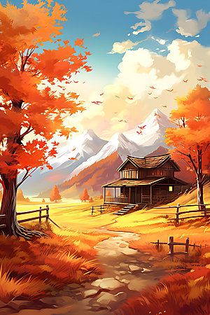 秋季风景森林秋色插画