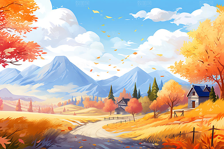 秋季风景风光秋天插画