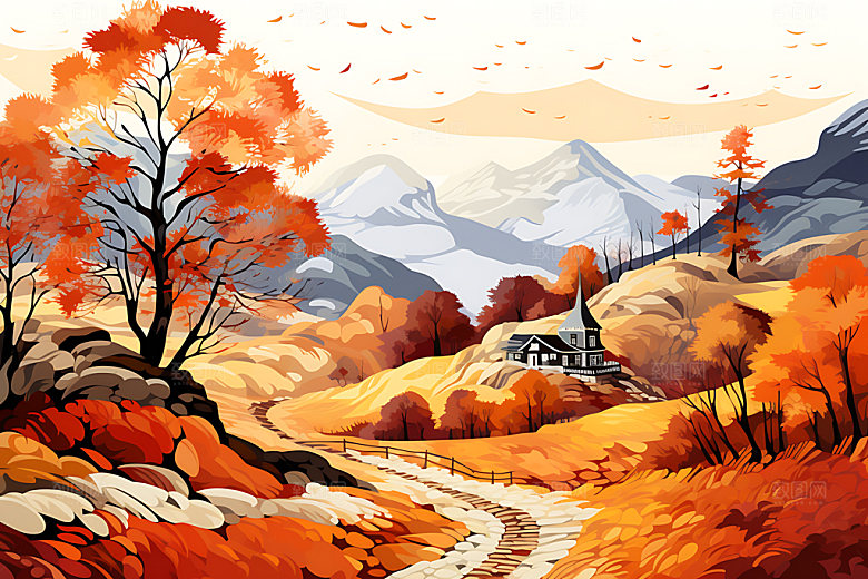 秋季风景秋色秋日插画