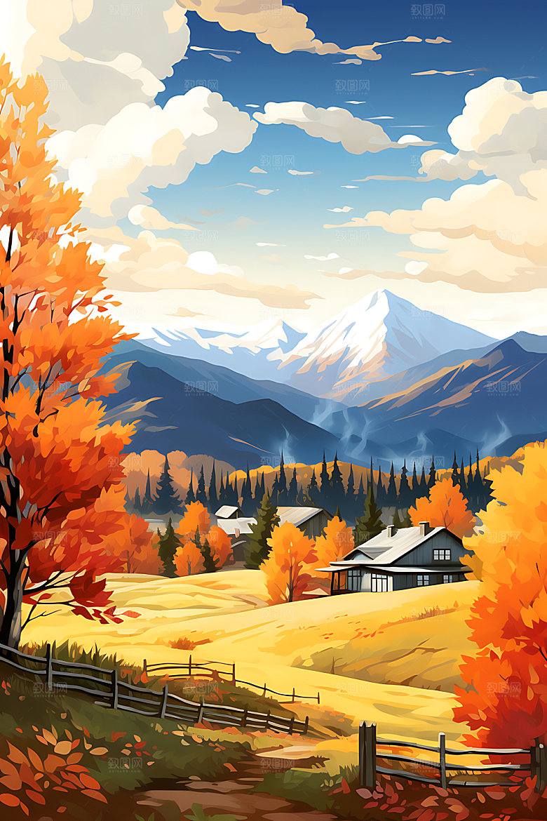 秋季风景秋色山野插画