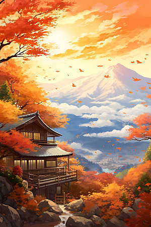秋季风景森林红叶插画