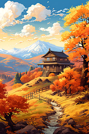 秋季风景红叶山野插画