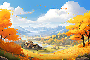 秋季风景暖色调森林插画