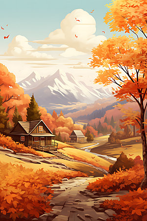 秋季风景森林暖色调插画