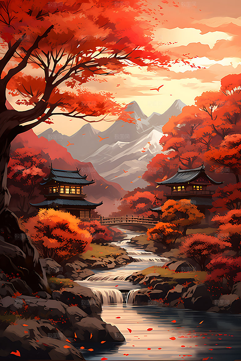 秋季风景暖色调秋日插画