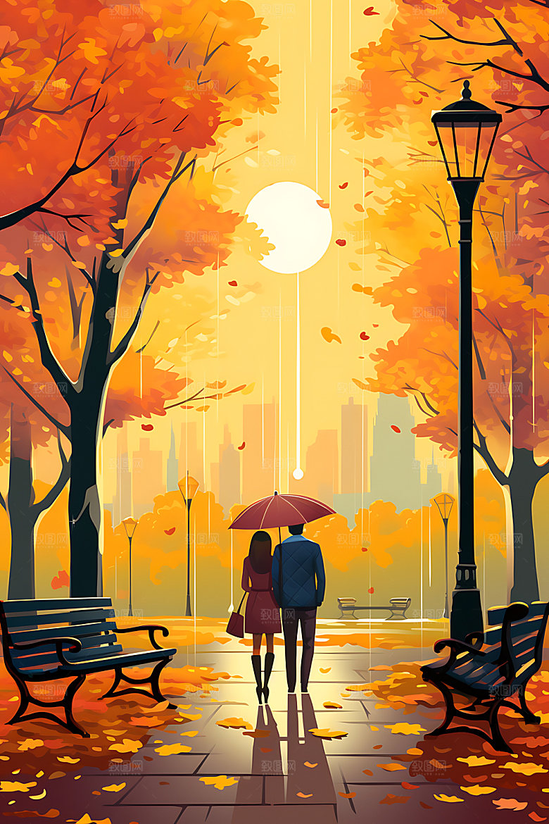 秋季风景暖色调森林插画