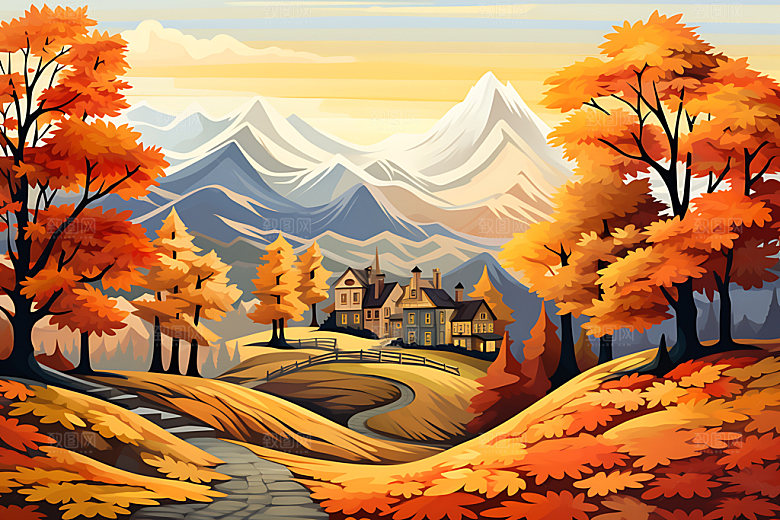 秋季风景秋日秋叶插画