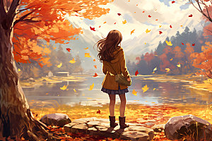 秋季风景唯美秋叶插画