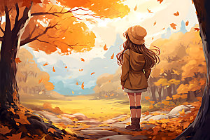 秋季风景暖色调唯美插画