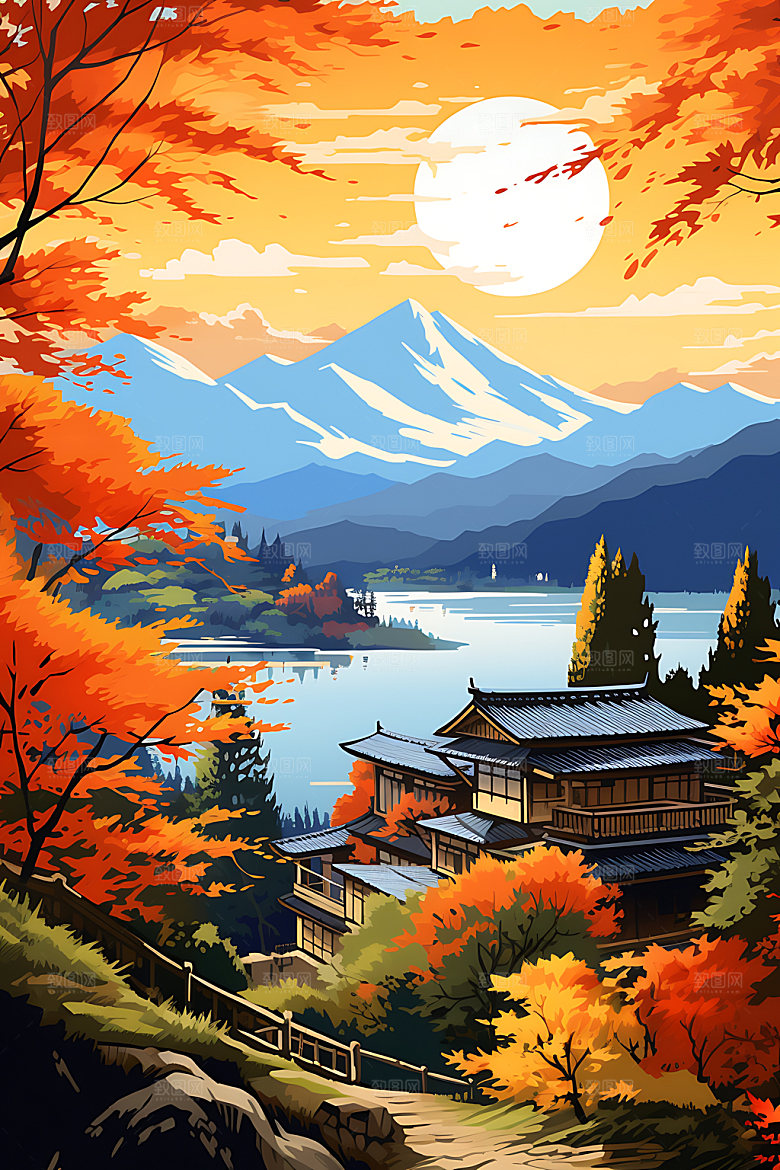 秋季风景秋叶风光插画