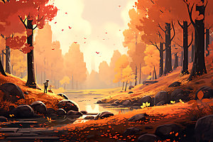 秋季风景红叶暖色调插画