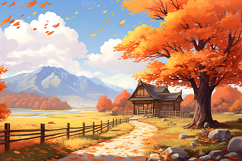 秋季风景唯美秋色插画