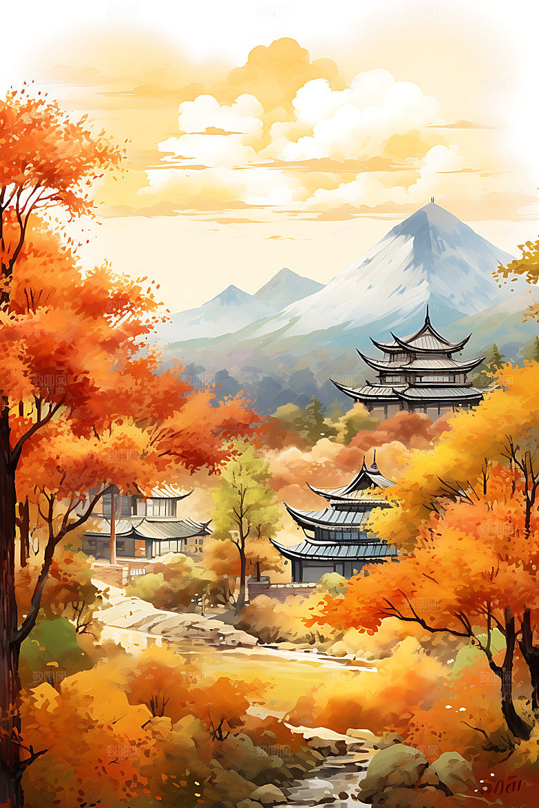 秋季风景秋天山野插画