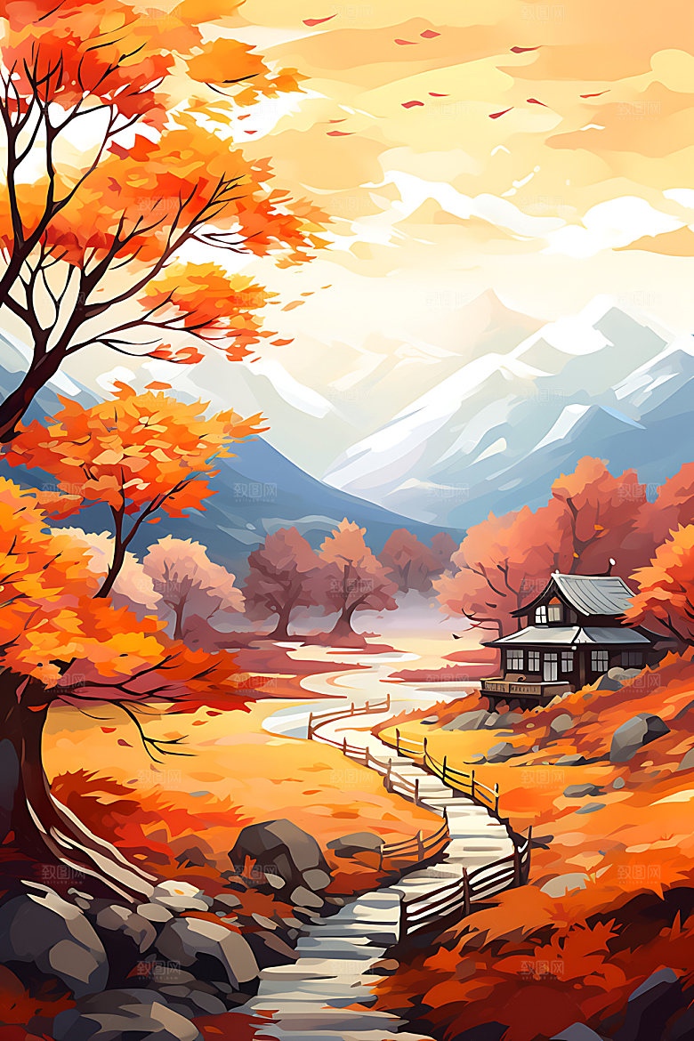秋季风景风光唯美插画