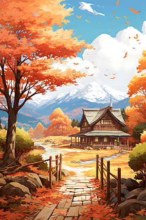 秋季风景红叶风光插画