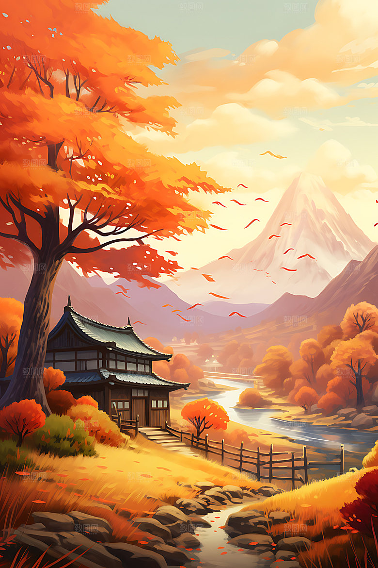 秋季风景秋色秋天插画