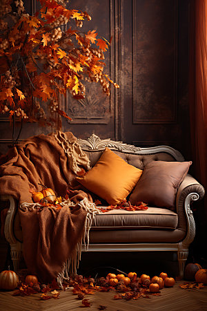 秋季风格家居暖色调软装摄影图