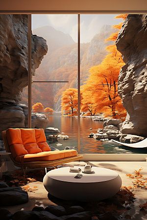 秋季风格家居沙发暖色调摄影图