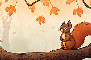 秋日森林小动物红叶落叶插画