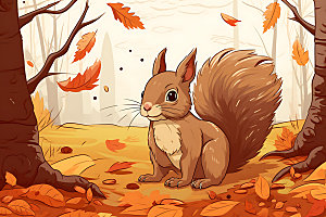 秋日森林小动物红叶树林插画