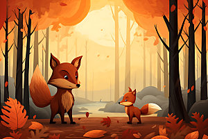 秋日森林小动物红叶秋叶插画
