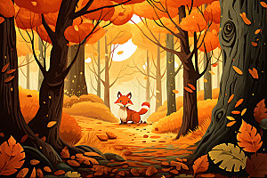 秋日森林小动物秋季落叶插画
