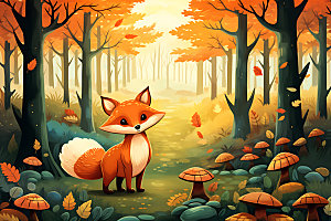 秋日森林小动物秋季可爱插画