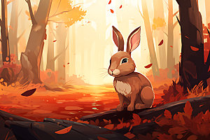 秋日森林小动物落叶红叶插画