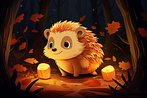 秋日森林小动物可爱秋天插画