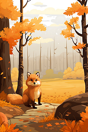 秋日森林小动物自然红叶插画