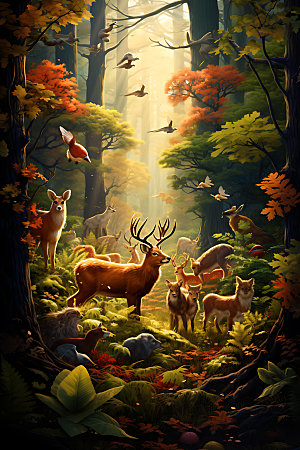 秋日森林小动物秋季秋叶插画