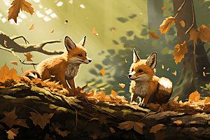 秋日森林小动物红叶秋天插画
