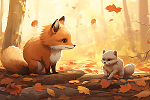 秋日森林小动物秋天树林插画