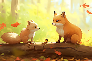 秋日森林小动物树林落叶插画