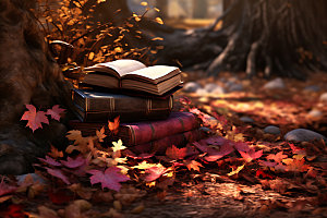 秋天读书阅读林间摄影图