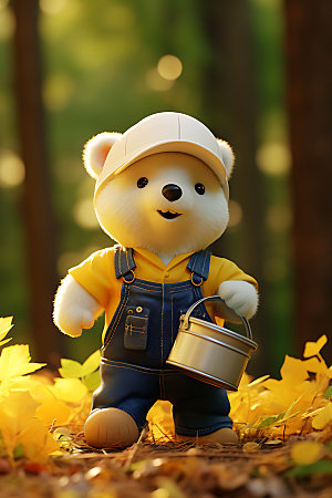 秋天玩具熊秋景毛绒小熊摄影图