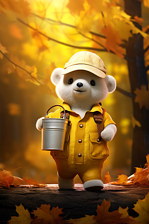 秋天玩具熊温馨毛绒小熊摄影图