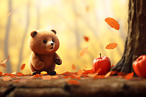 秋天玩具熊树林治愈摄影图