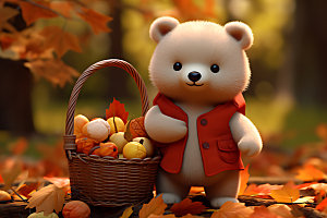 秋天玩具熊树林可爱摄影图